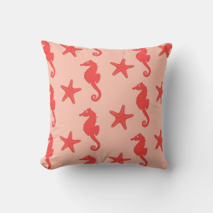 Seahorse & starfish - shades of coral orange cushion