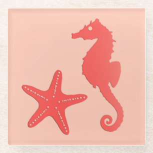 Seahorse & starfish - shades of coral orange glass coaster