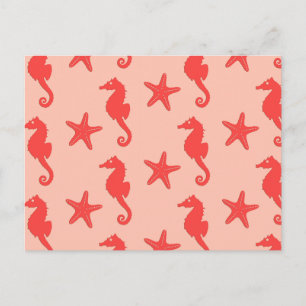 Seahorse & starfish - shades of coral orange postcard