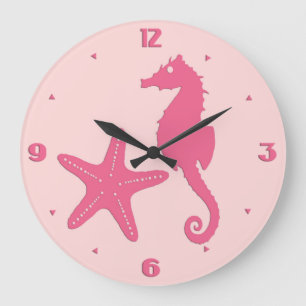 Seahorse & starfish - shades of coral pink large clock