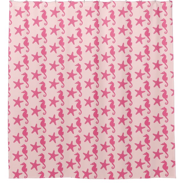 Seahorse & starfish - shades of coral pink shower curtain (Front)