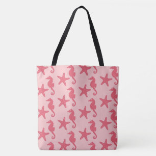 Seahorse & starfish - shades of coral pink tote bag