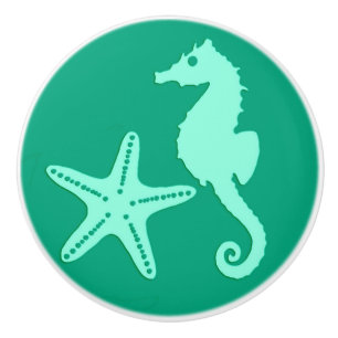 Seahorse & starfish - teal and seafoam green ceramic knob