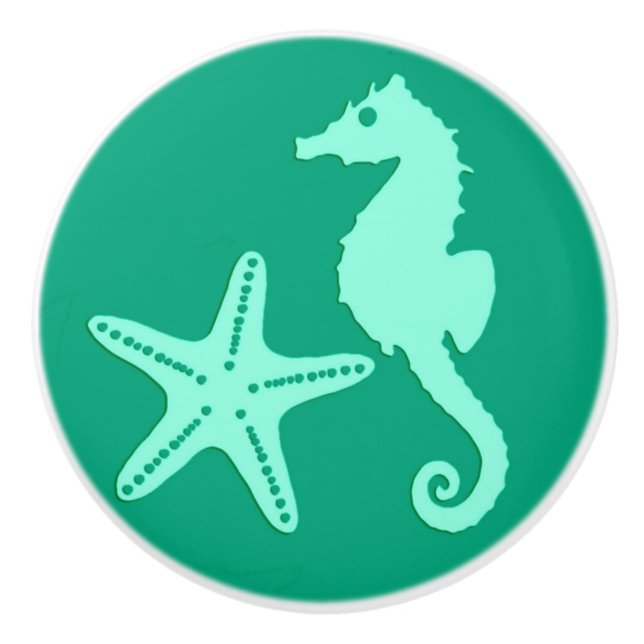 Seahorse & starfish - teal and seafoam green ceramic knob (Front)