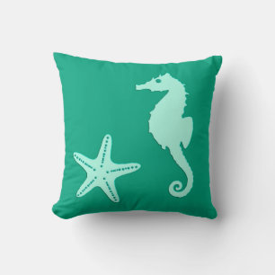 Seahorse & starfish - teal and seafoam green cushion