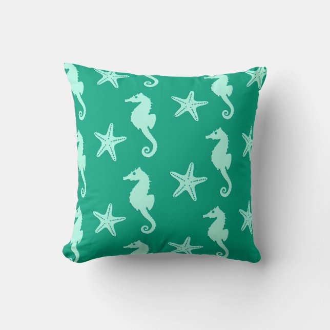 Seahorse & starfish - teal and seafoam green cushion (Front)
