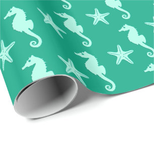 Seahorse & starfish - teal and seafoam green wrapping paper