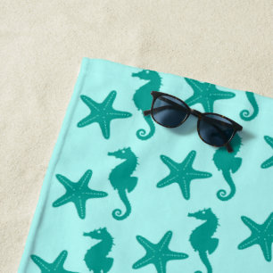 Seahorse & starfish, Turquoise and Aqua Beach Towel