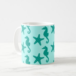 Seahorse & starfish - turquoise and aqua coffee mug