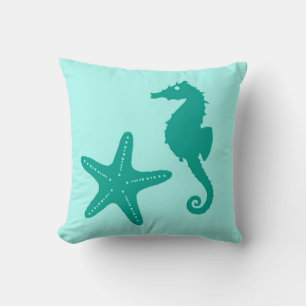 Seahorse & starfish - turquoise and aqua cushion