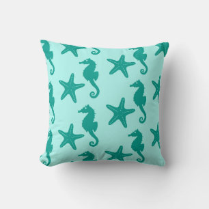 Seahorse & starfish - turquoise and aqua cushion