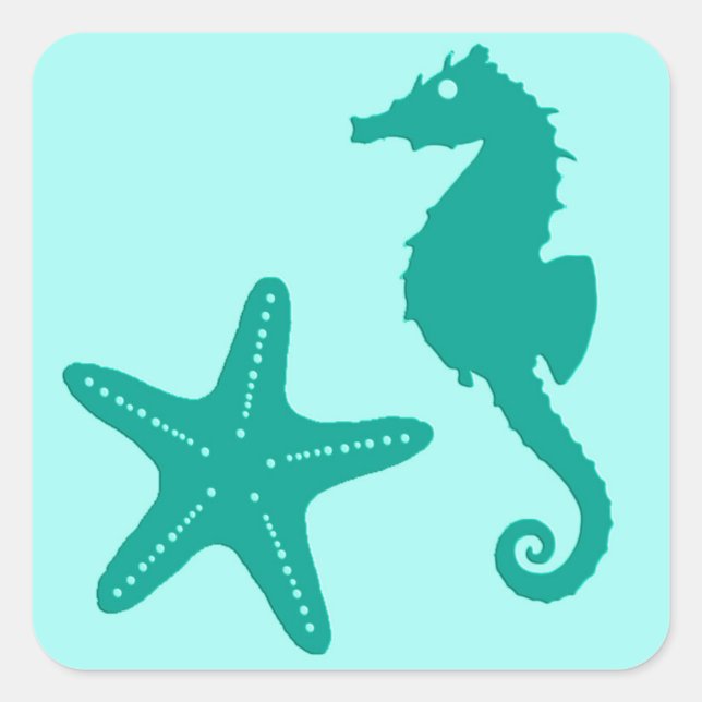 Seahorse & Starfish, Turquoise and Aqua Square Sticker (Front)
