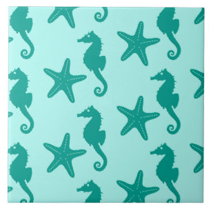 Seahorse & starfish - turquoise and aqua tile