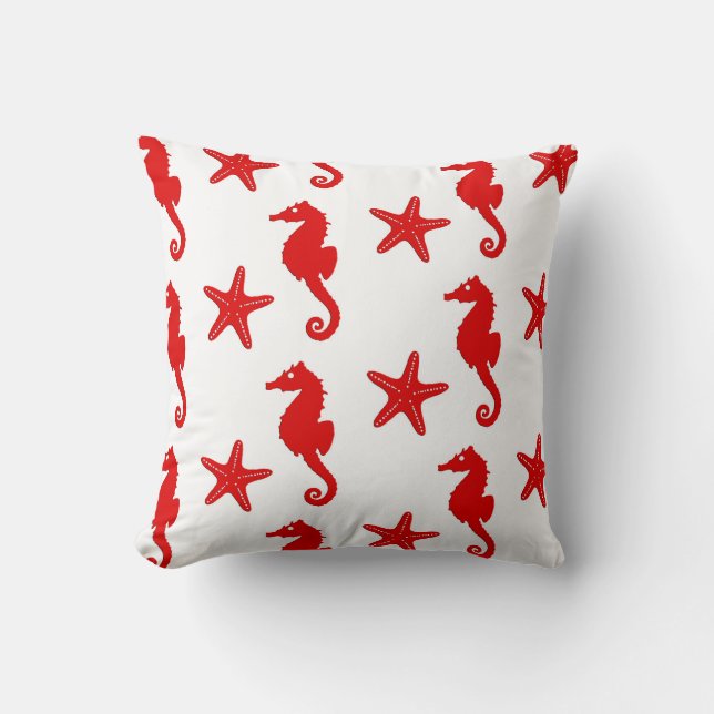 Seahorse & starfish - white and dark coral red cushion (Front)