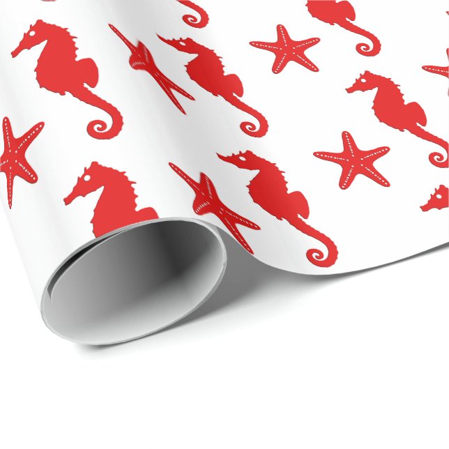 Seahorse & starfish - white and dark coral red wrapping paper (Roll Corner)