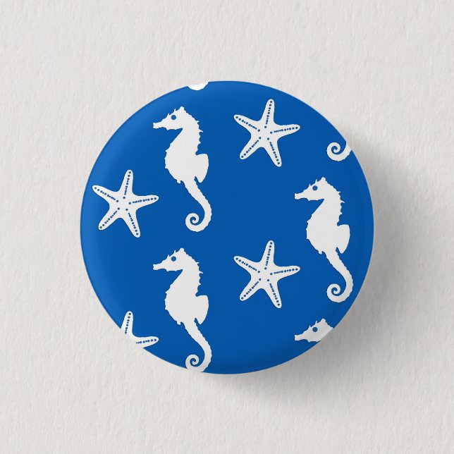 Seahorse & starfish - white on cobalt blue 3 cm round badge (Front)