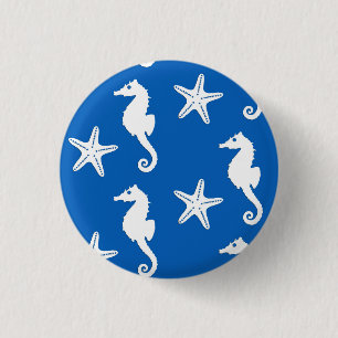 Seahorse & starfish - white on cobalt blue 3 cm round badge