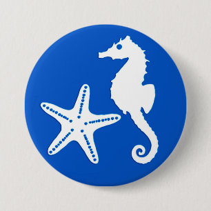 Seahorse & starfish - white on cobalt blue 7.5 cm round badge