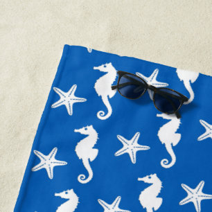 Seahorse & starfish, white on cobalt blue beach towel