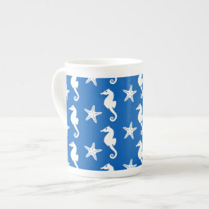 Seahorse & starfish - white on cobalt blue bone china mug