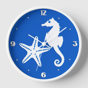 Seahorse & starfish - white on cobalt blue clock