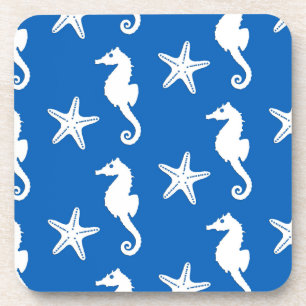 Seahorse & starfish - white on cobalt blue coaster