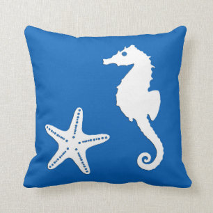 Seahorse & starfish - white on cobalt blue cushion