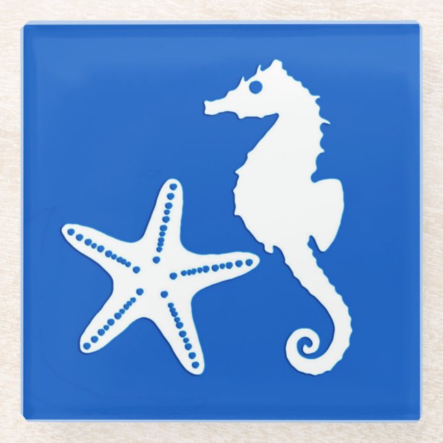 Seahorse & starfish - white on cobalt blue glass coaster (Front)