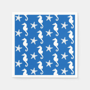 Seahorse & starfish - white on cobalt blue napkin