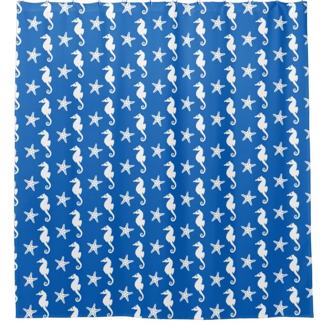 Seahorse & starfish - white on cobalt blue shower curtain (Front)