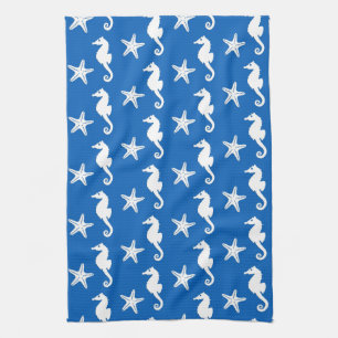 Seahorse & starfish - white on cobalt blue tea towel