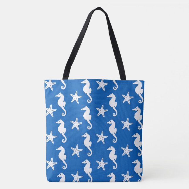 Seahorse & starfish - white on cobalt blue tote bag (Front)