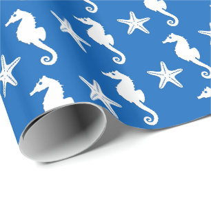 Seahorse & starfish - white on cobalt blue wrapping paper