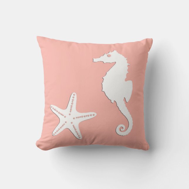 Seahorse & starfish - white on coral pink cushion (Front)