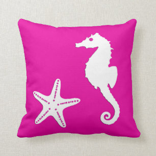 Seahorse & starfish - white on fuchsia pink cushion