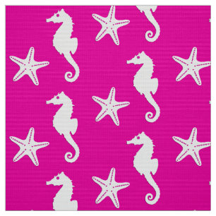 Seahorse & starfish - white on fuchsia pink fabric
