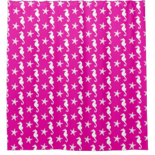Seahorse & starfish - white on fuchsia pink shower curtain