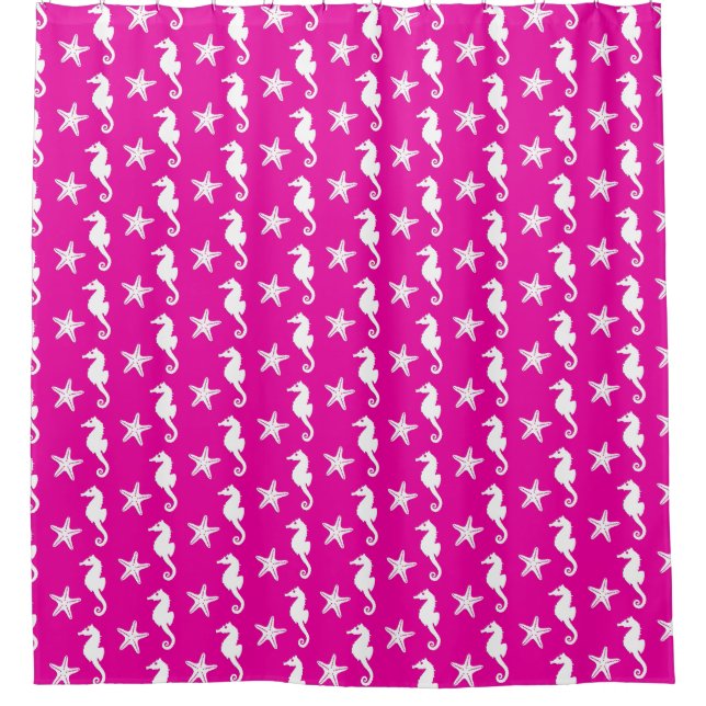 Seahorse & starfish - white on fuchsia pink shower curtain (Front)