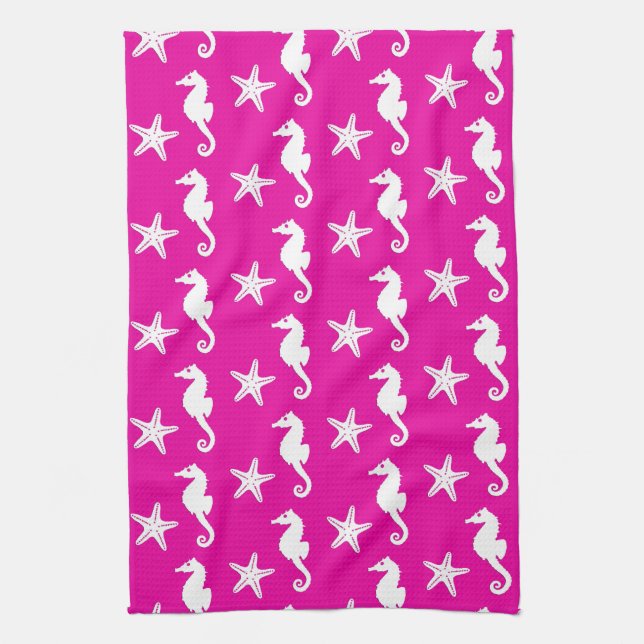Seahorse & starfish - white on fuchsia pink tea towel (Vertical)