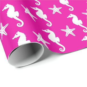 Seahorse & starfish - white on fuchsia pink wrapping paper