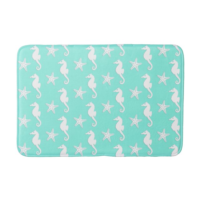 Seahorse & starfish - white on pale aqua bath mat (Front)