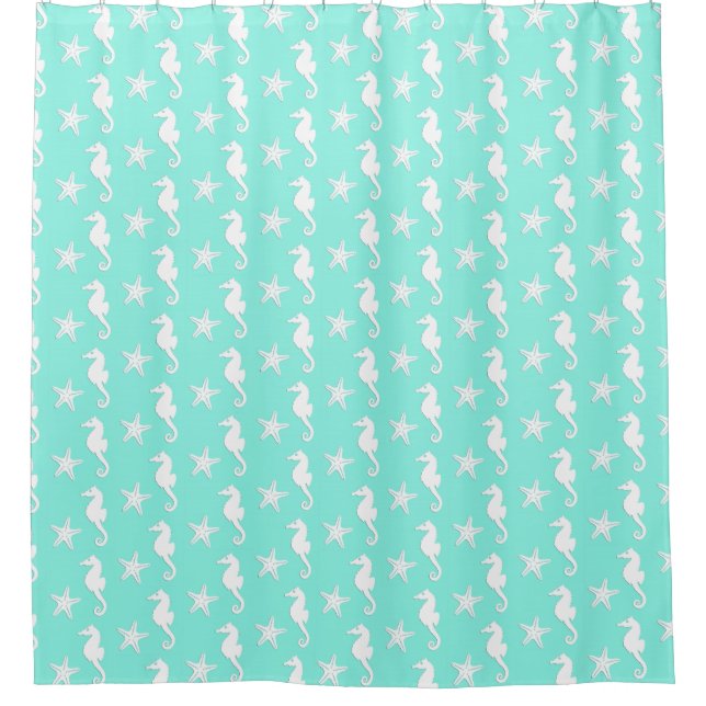 Seahorse & starfish - white on pale aqua shower curtain (Front)