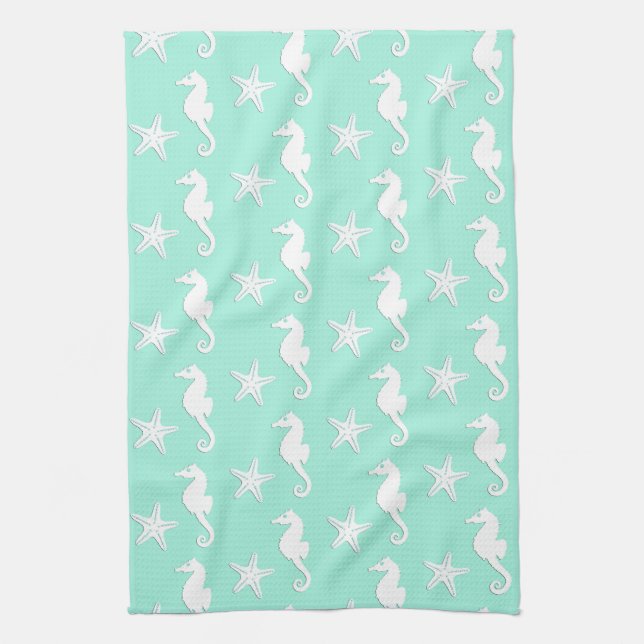 Seahorse & starfish - white on pale aqua tea towel (Vertical)
