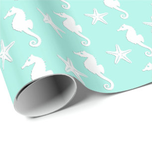 Seahorse & starfish - white on pale aqua wrapping paper