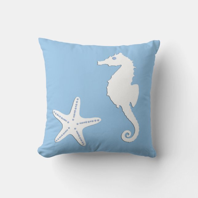 Seahorse & starfish - white on pale blue cushion (Front)