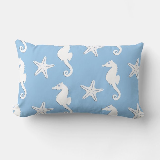 Seahorse & starfish - white on pale blue lumbar cushion (Front)