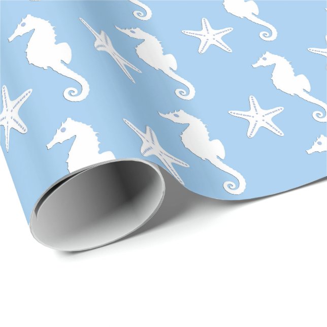 Seahorse & starfish - white on pale blue wrapping paper (Roll Corner)