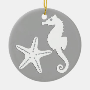 Seahorse & starfish - white on silver grey ceramic tree decoration