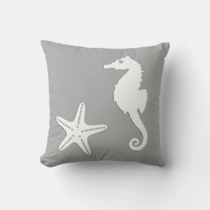 Seahorse & starfish - white on silver grey cushion