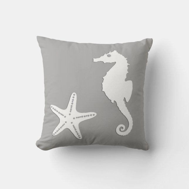 Seahorse & starfish - white on silver grey cushion (Front)